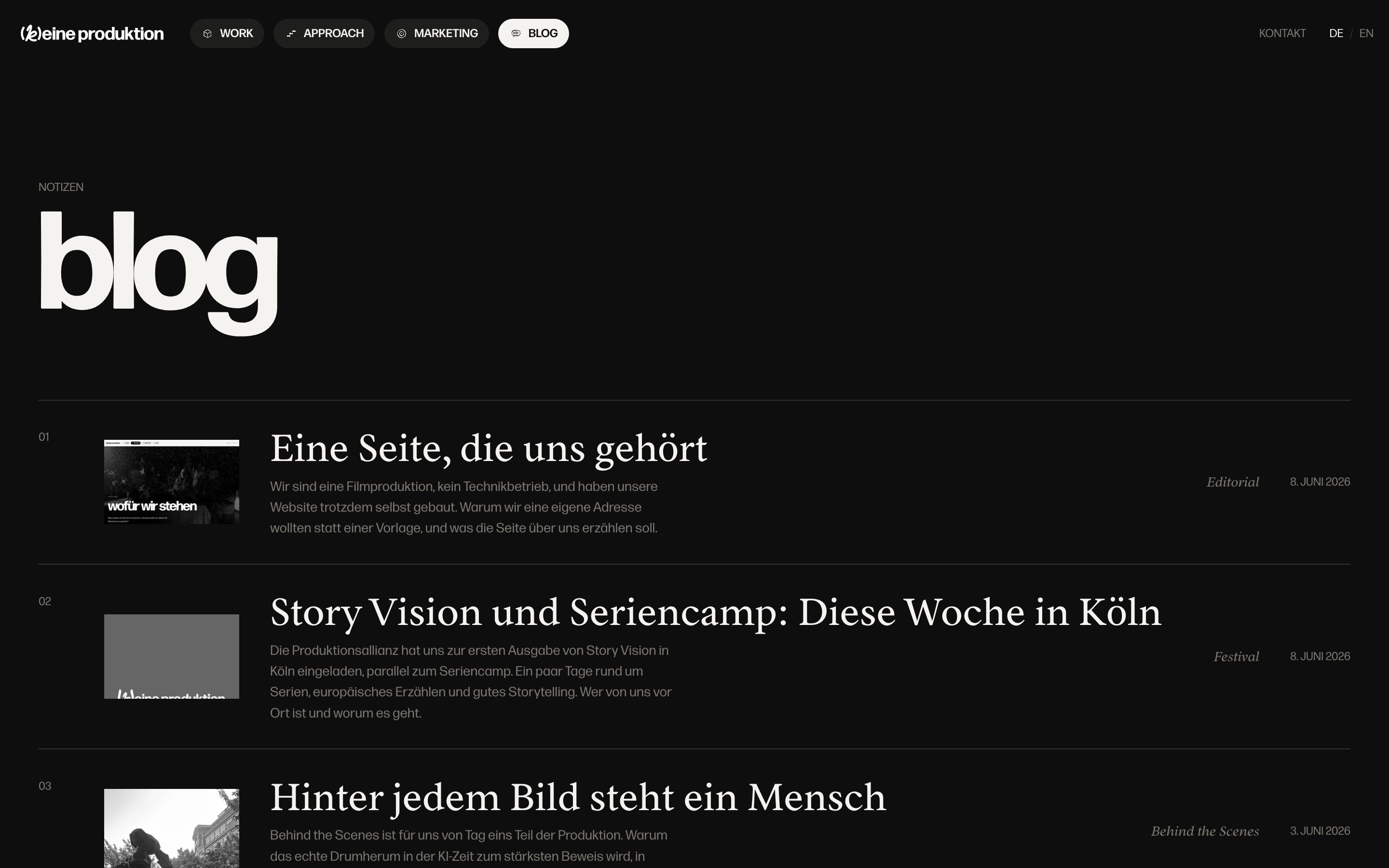 Screenshot der Blog-Übersicht von [k]eine produktion im Dunkelmodus