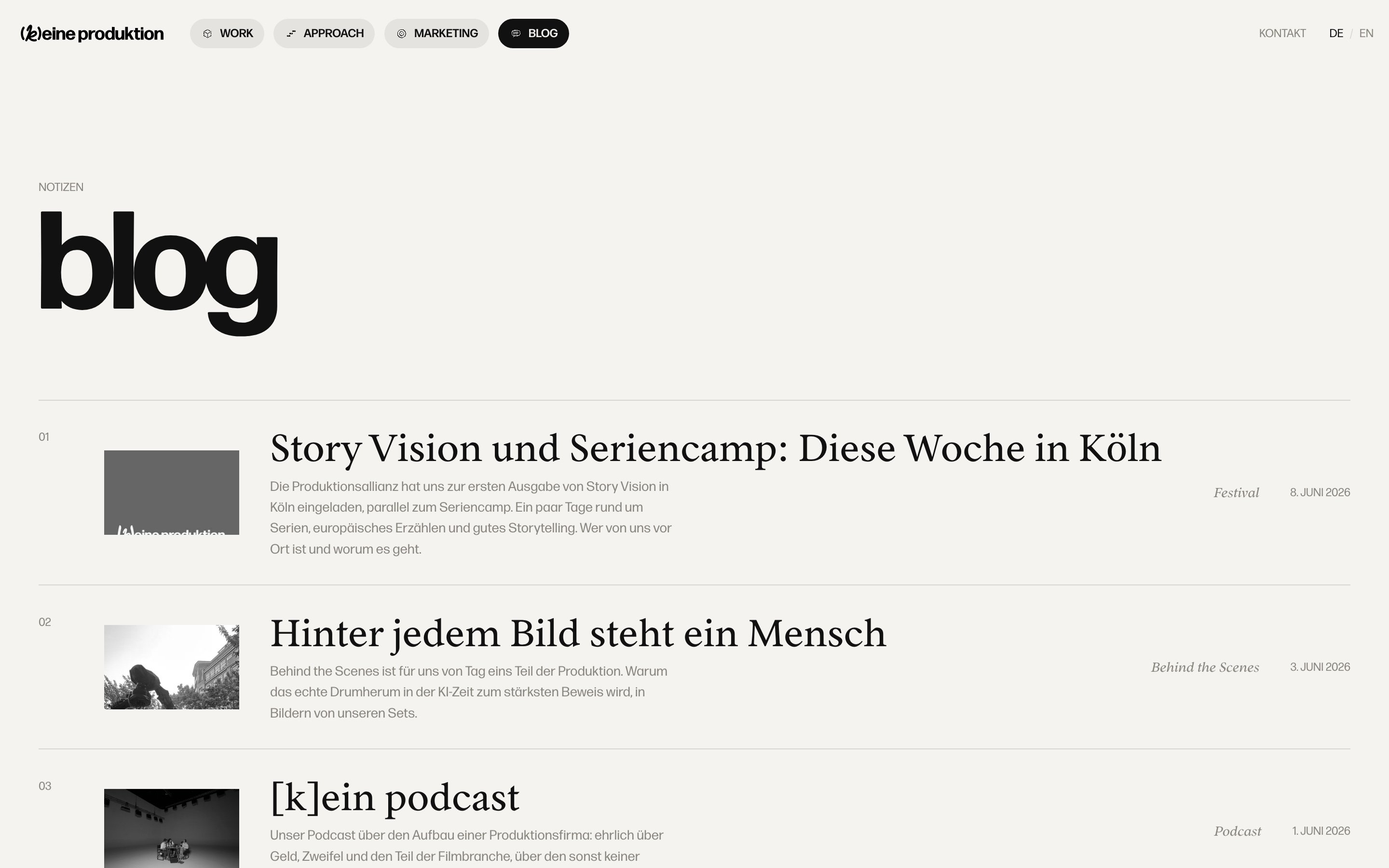Screenshot der Blog-Übersicht von [k]eine produktion
