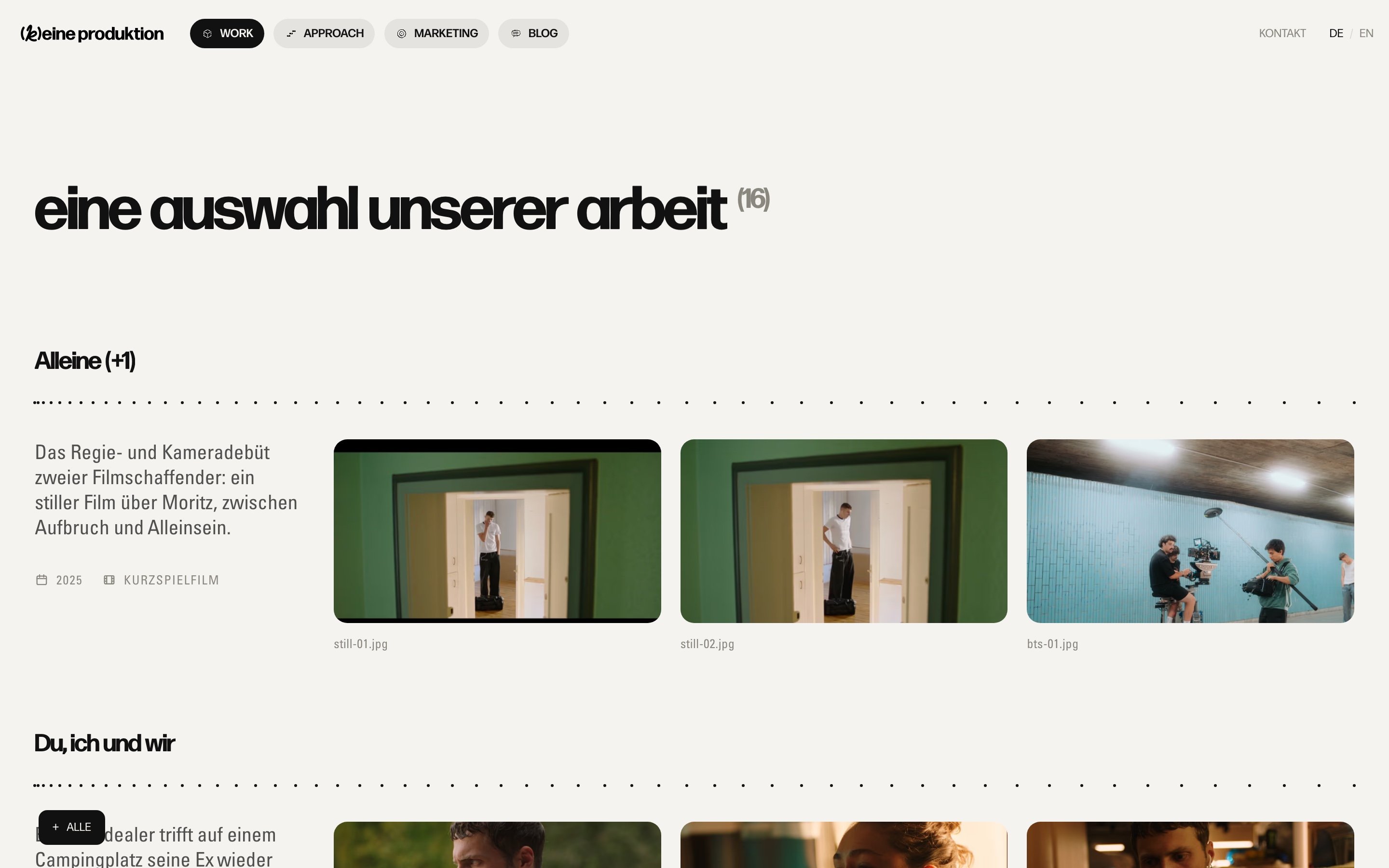 Screenshot der Arbeit-Seite von [k]eine produktion mit einer Übersicht der Projekte