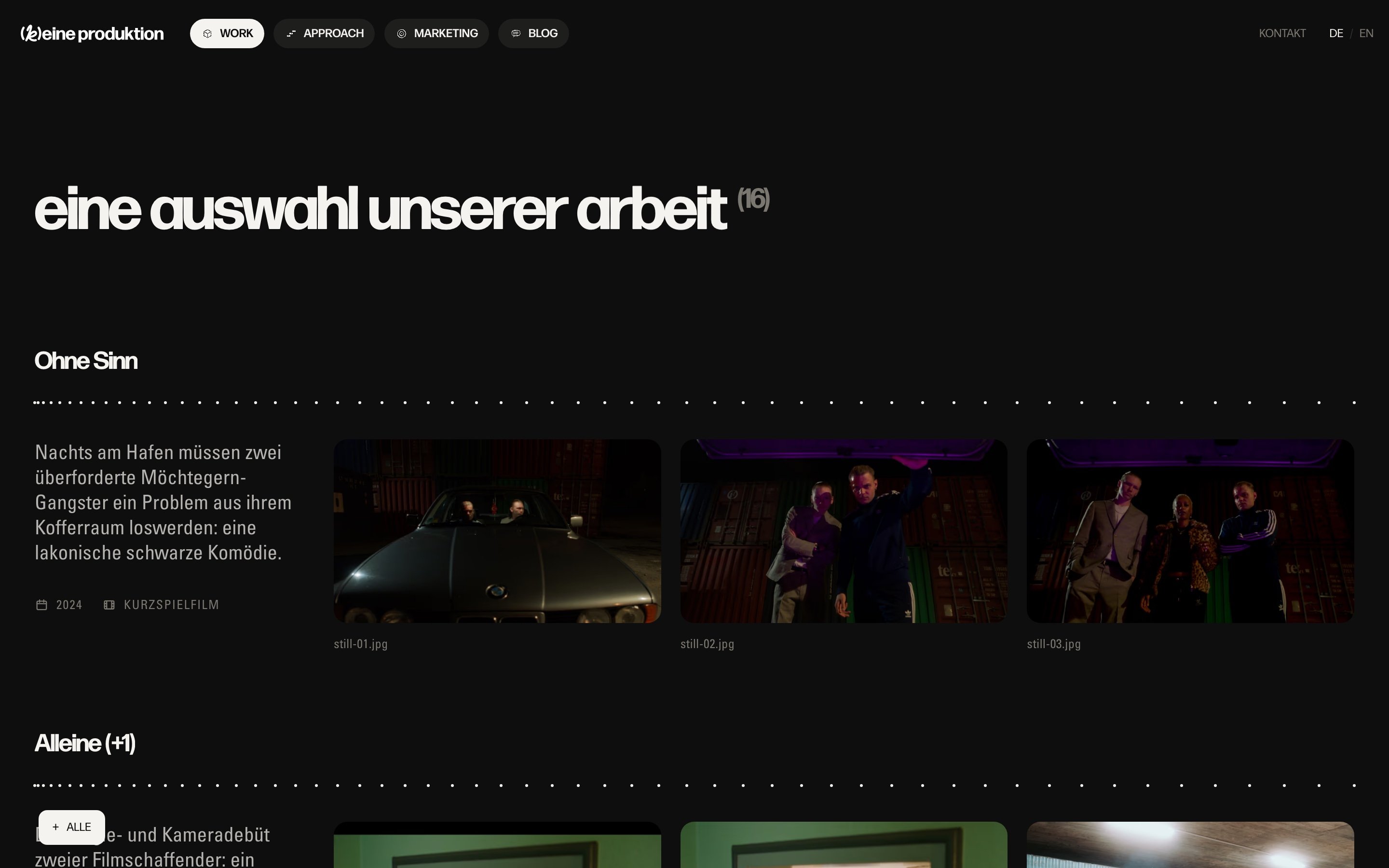 Screenshot der Arbeit-Seite von [k]eine produktion im Dunkelmodus